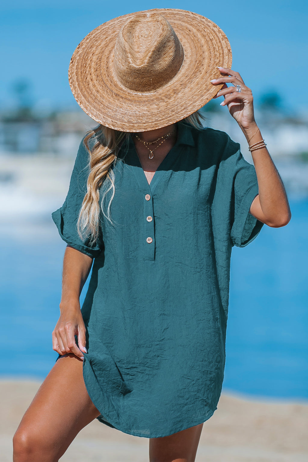 Robe cover up courte à manches courtes bleue