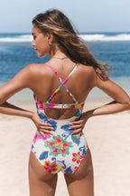 Maillot de bain une pièce amincissant fleuri à col plongeant boho