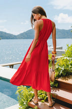 Robe longue rouge col cranté