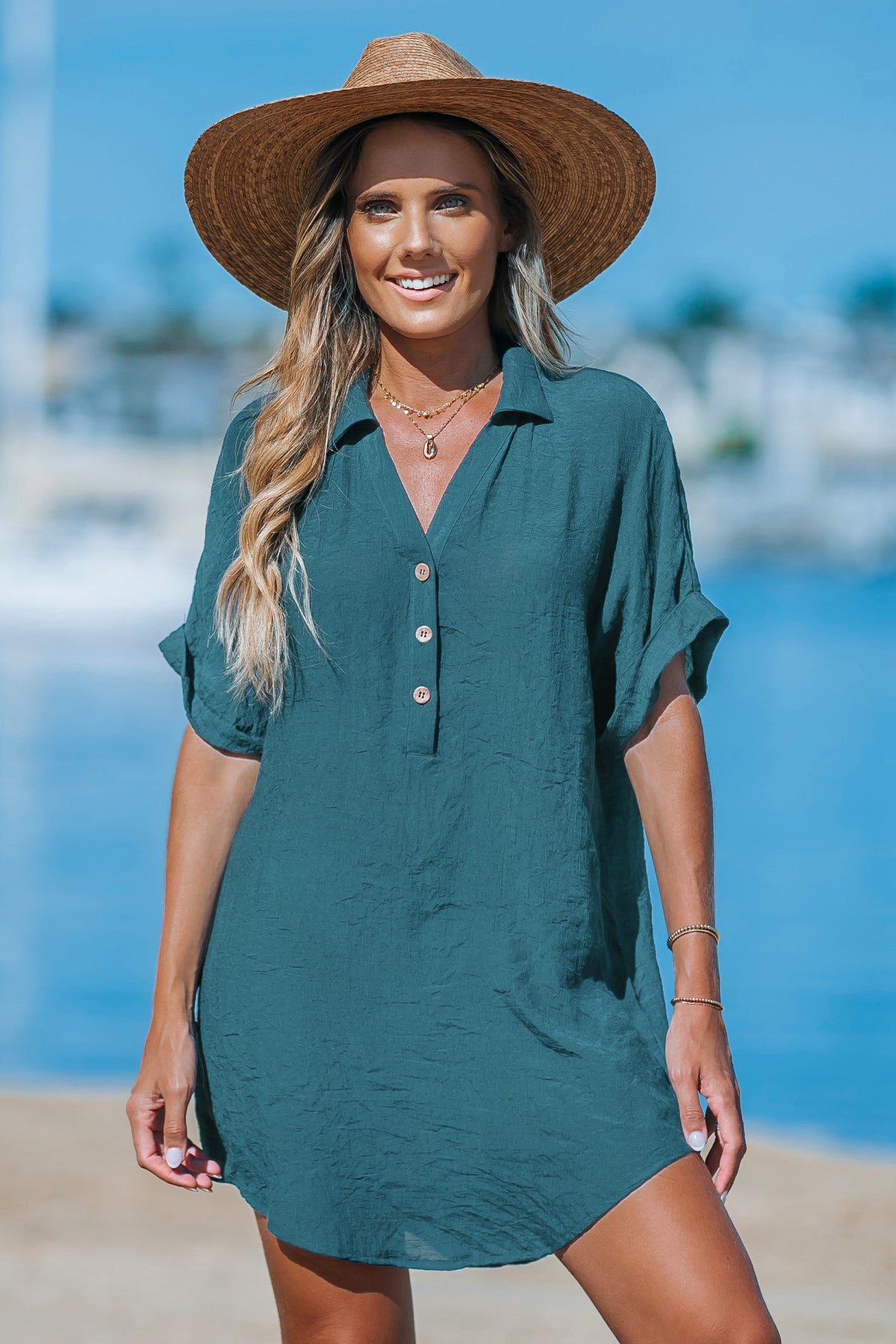 Robe cover up courte à manches courtes bleue