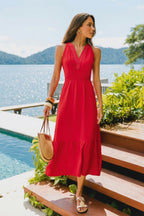 Robe longue rouge col cranté