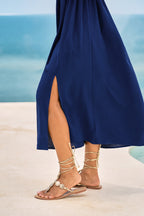 Robe longue bleu marine col plongeant