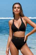 Bikini à taille haute et col licou plongeant avec bandes noir