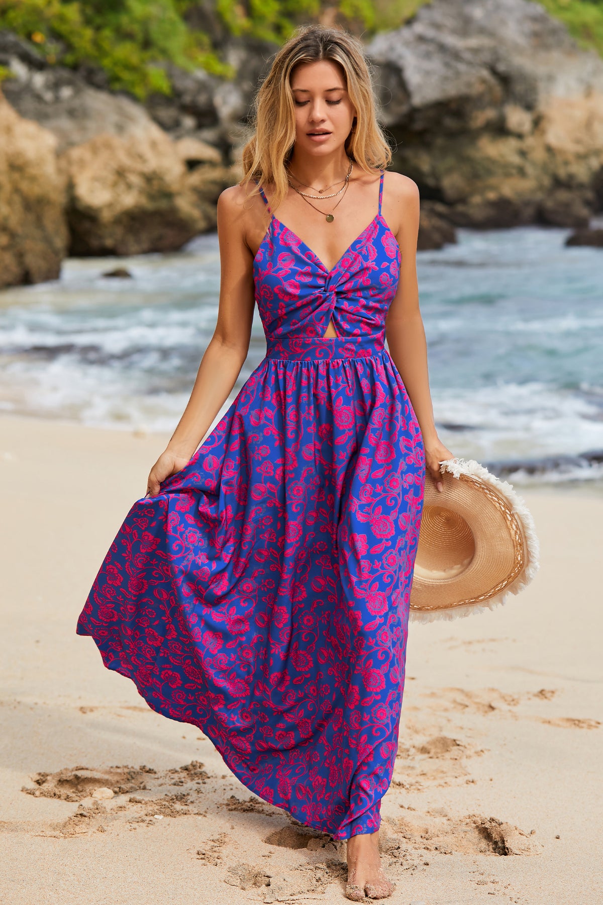 Robe maxi florale à col en V avec nœud