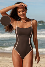 Maillot de bain une pièce marron à col scoop