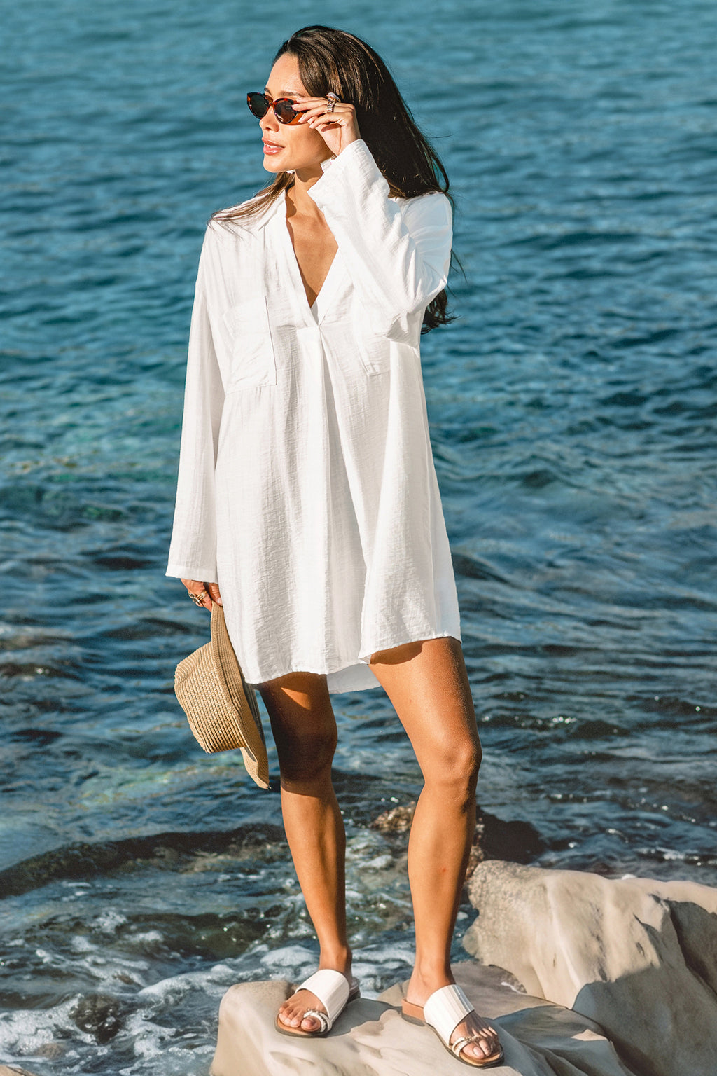 Robe cover up sans manches à col chemise courte