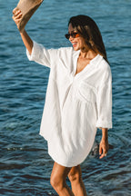 Robe cover up sans manches à col chemise courte