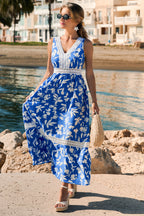 Robe longue tropicale bleue col V