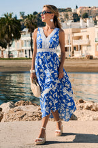 Robe longue tropicale bleue col V