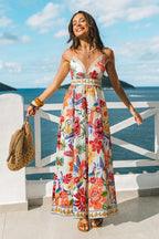 Robe longue fleurie col plongeant sans manches