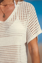 Robe cover up courte à manches courtes en crochet beige