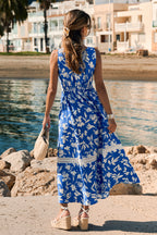 Robe longue tropicale bleue col V