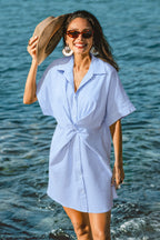 Robe courte à rayures col chemise ourlet incurvé