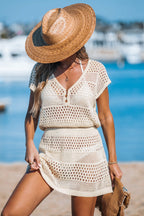 Robe cover up courte en crochet avec manches courtes beige