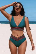 Bikini aqua taille haute à col plongeant