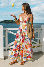 Robe longue fleurie col plongeant sans manches