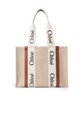 Chloé Medium Woody linen tote in White and Brown