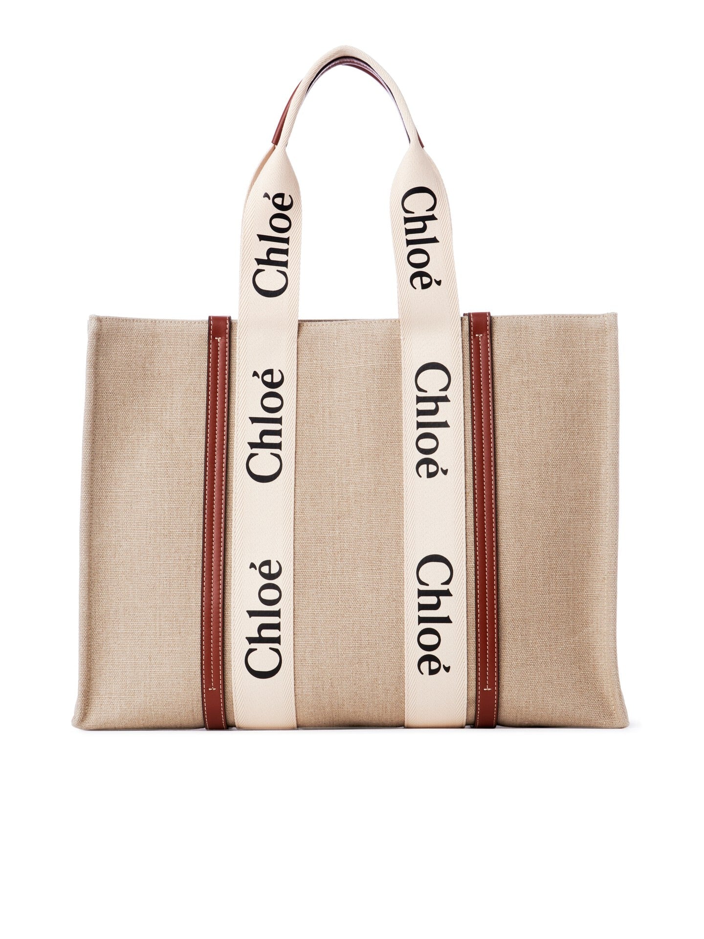 Chloé Large Woody linen tote in White and Brown